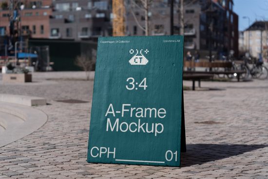 Urban A-Frame sign mockup in outdoor setting, showcasing 3:4 aspect ratio perfect for designers' mockup collection.